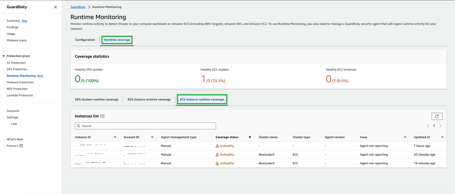 Figure 13: GuardDuty Runtime Monitoring coverage for EC2 overview