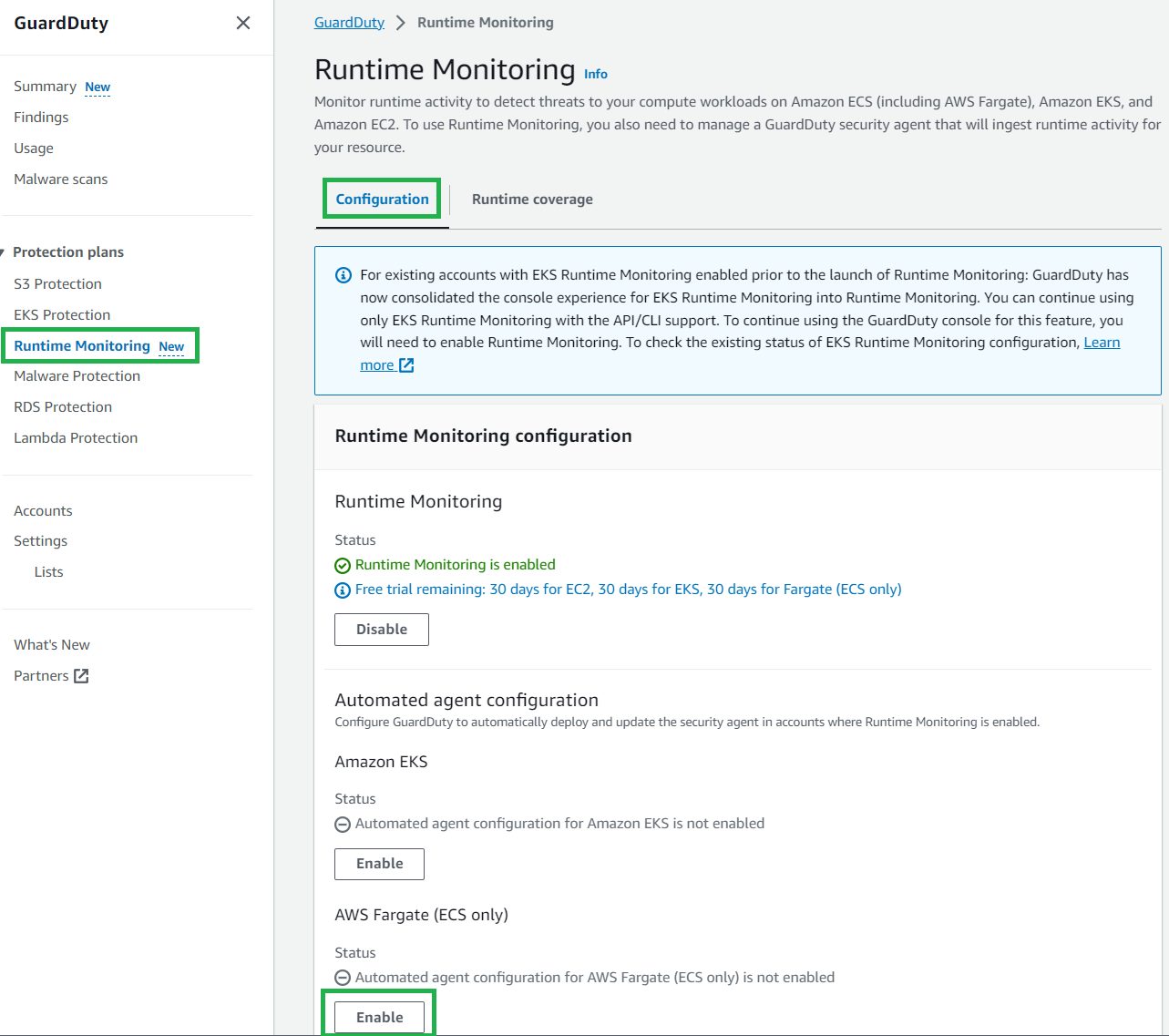 Figure 5: GuardDuty Runtime Monitoring configuration