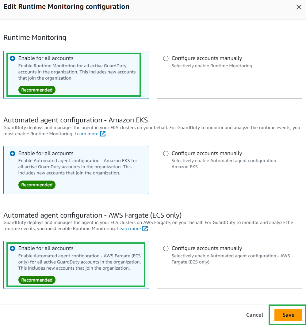 Figure 6: Enable ECS GuardDuty Runtime Monitoring for AWS accounts