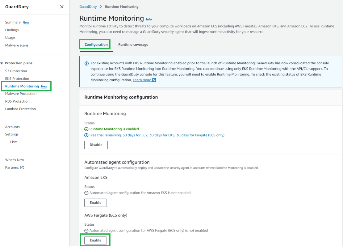 Figure 7: Enable GuardDuty Runtime Monitoring for ECS clusters