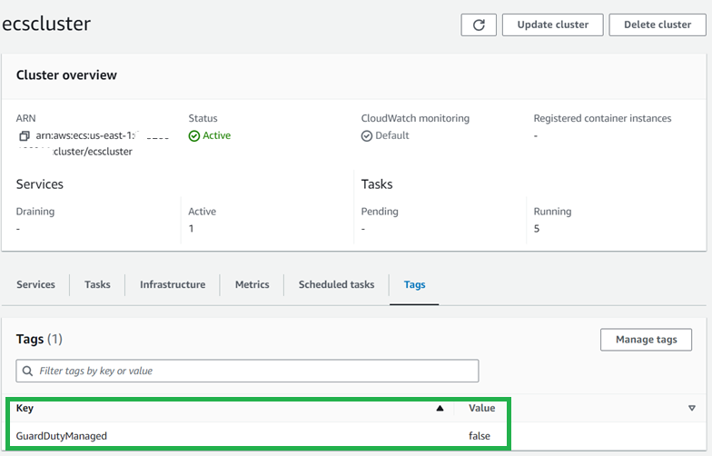 Figure 8: GuardDuty Runtime Monitoring ECS cluster exclusion tags