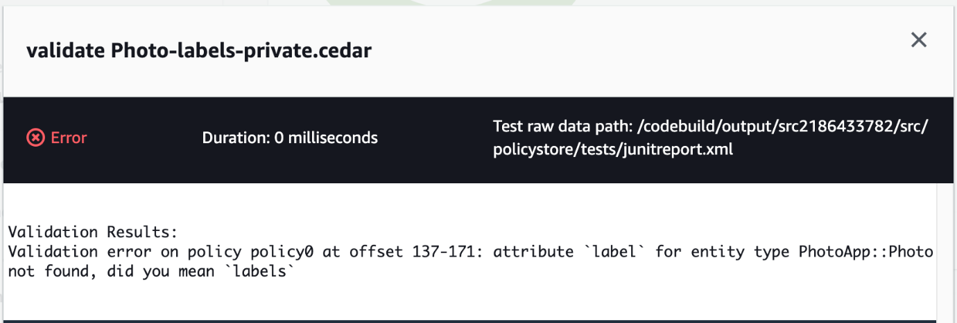 Figure 4: CodeBuild test case error message