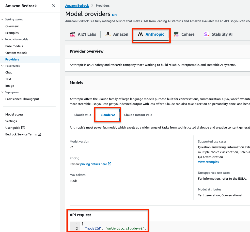 Figure 6: Amazon Bedrock Claude v2 model ID