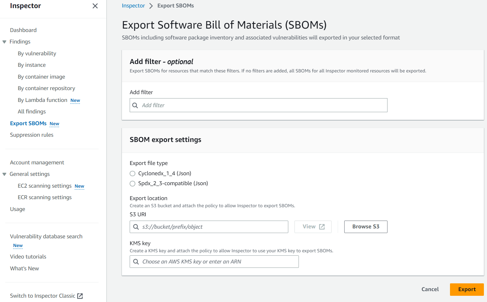 Figure 1: Amazon Inspector SBOM export