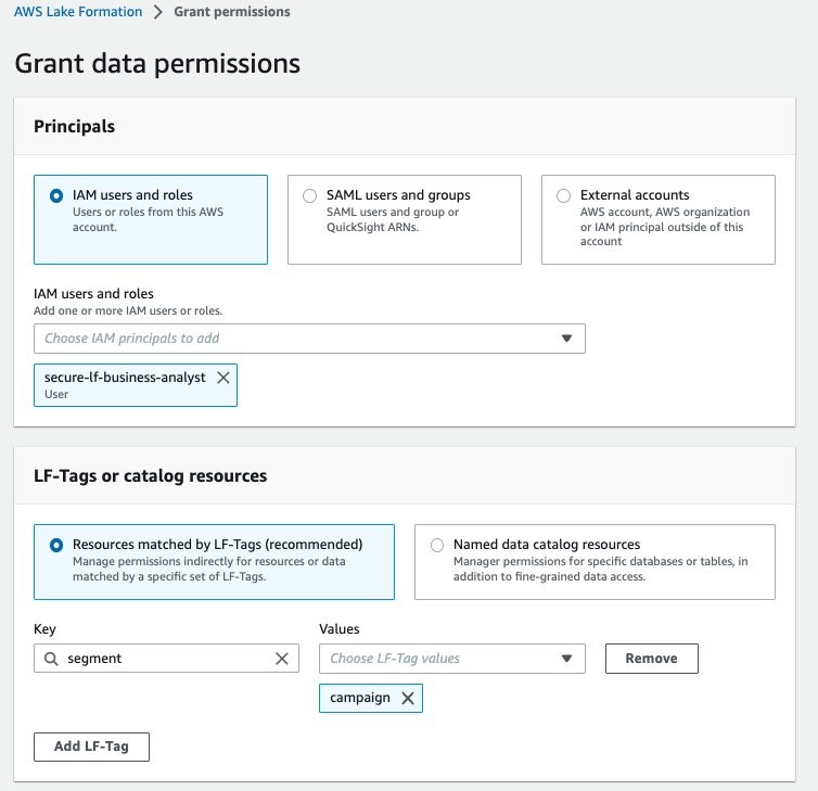 Figure 11: Configure tag-based access for user secure-lf-business-analyst