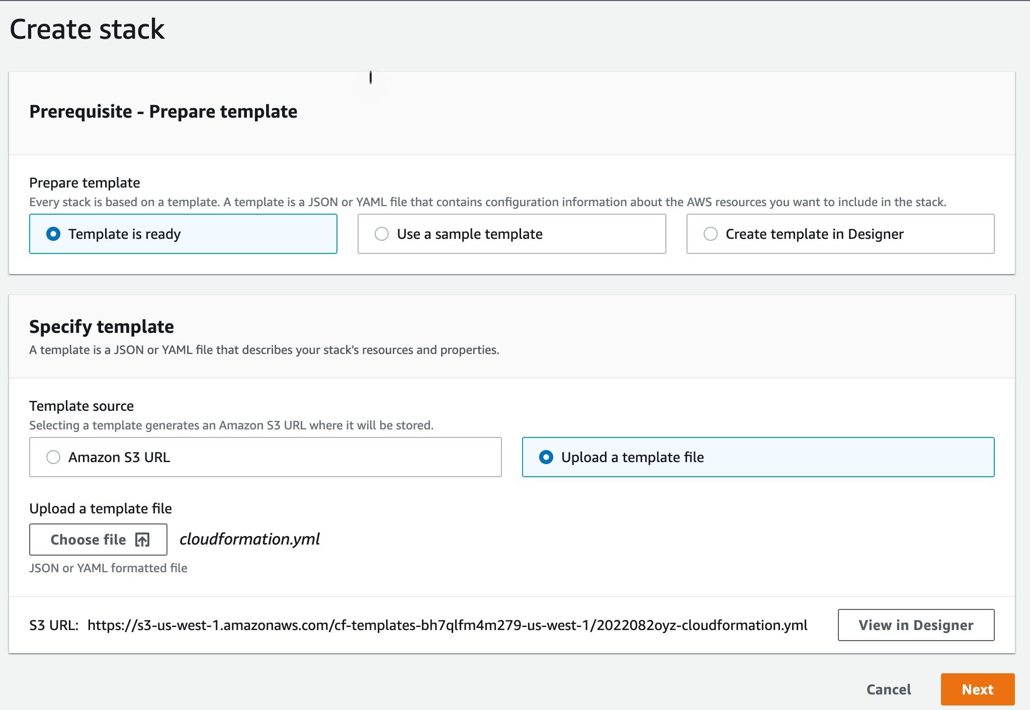 Figure 2: CloudFormation create stack screen