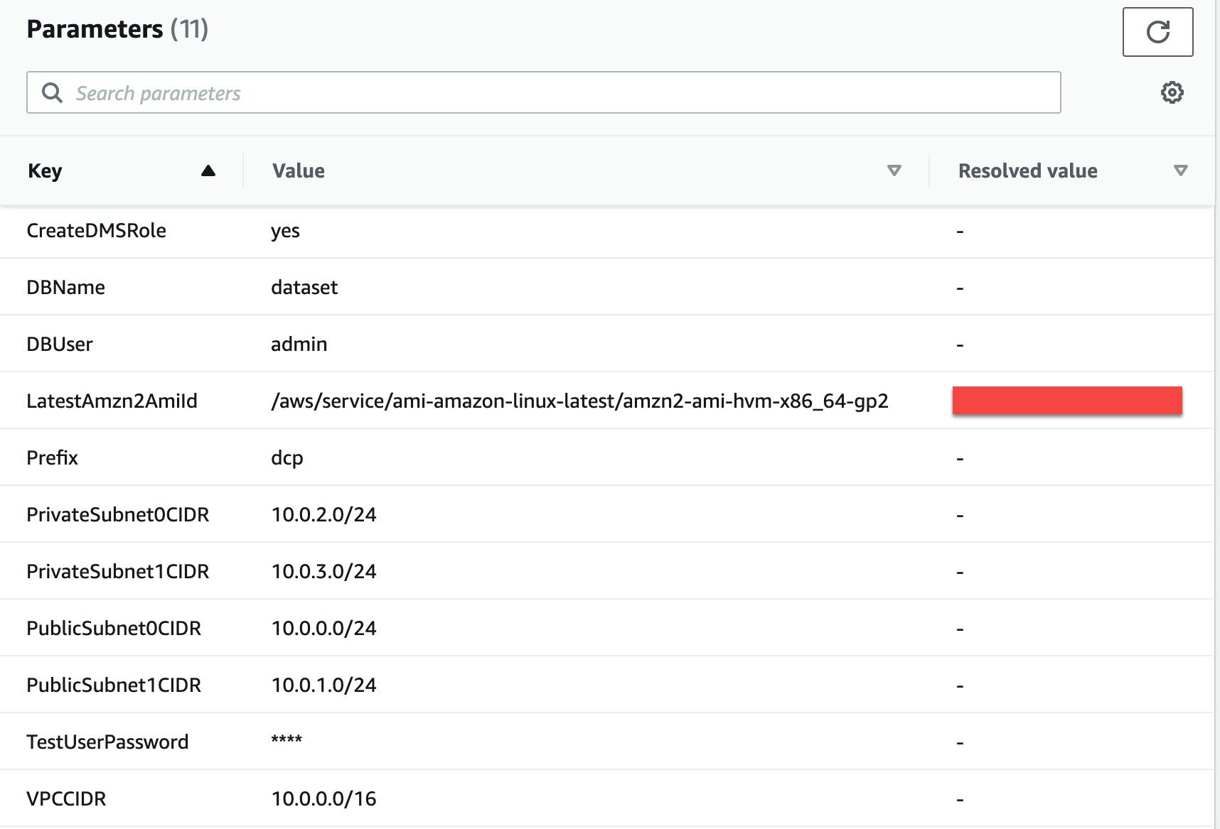 Figure 3: List of parameters and values in the CloudFormation stack