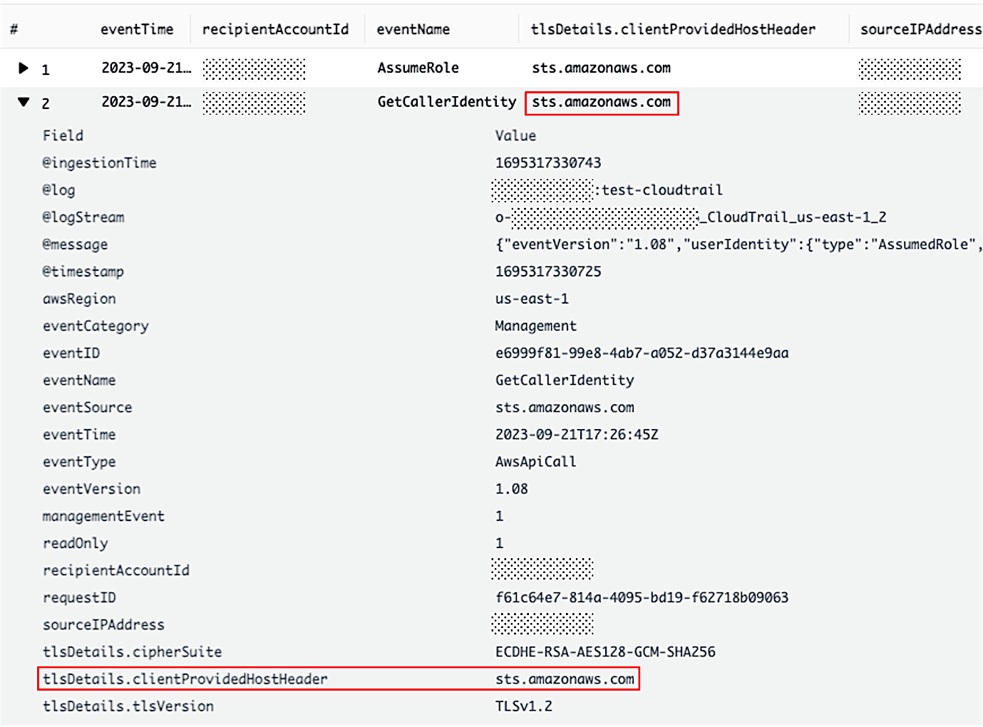 Figure 3: Use a CloudWatch Log Insights query to look for STS API calls