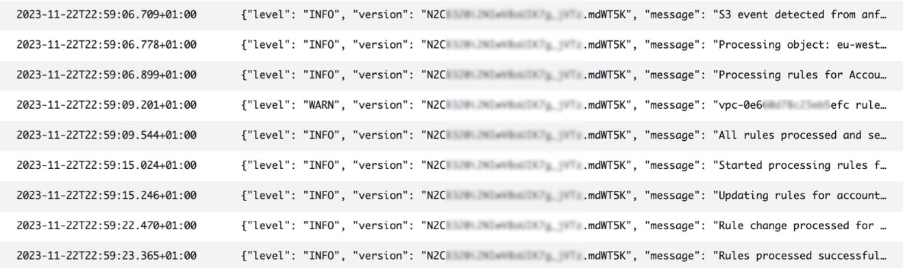 Figure 5: Example of logs generated by the anfw-automate in a spoke account