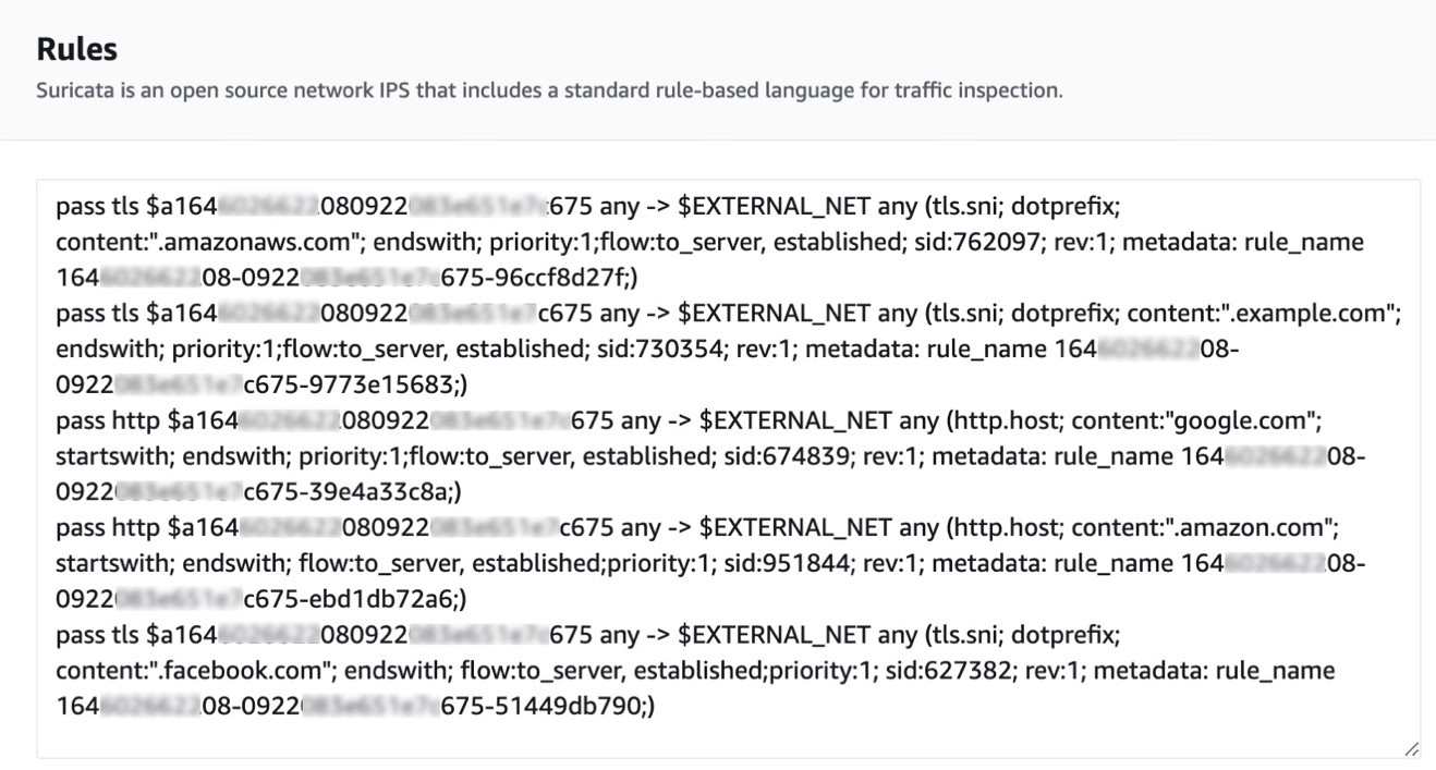 Figure 6: Rules created in Network Firewall rule group based on the configuration file in Figure 4