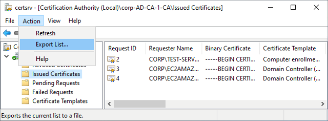 Figure 1: Export a list of existing certificates