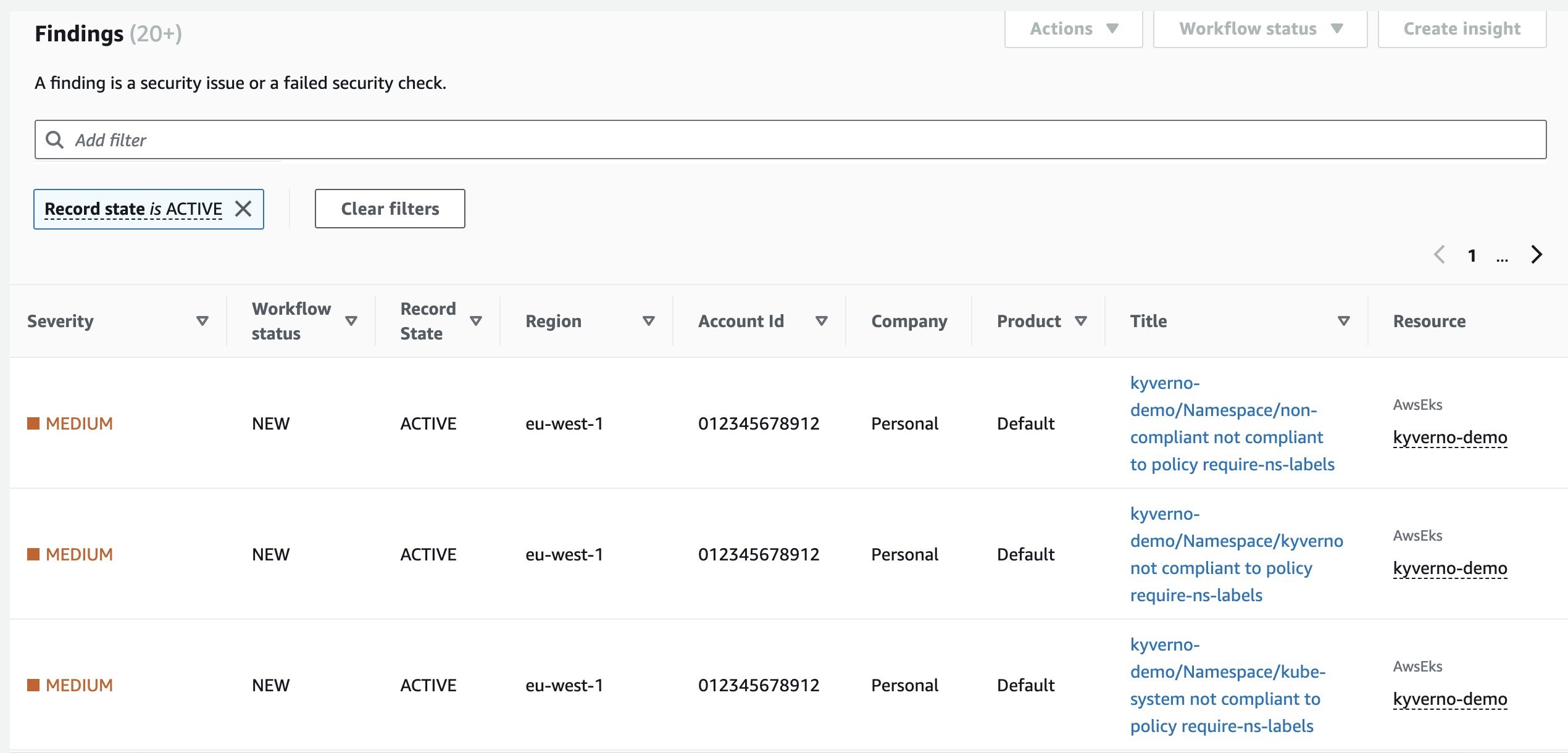 Figure 2: Sample Kyverno findings in Security Hub