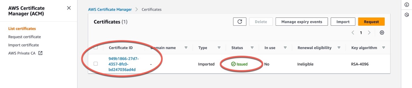 Figure 4: Verify the certificate was issued in ACM