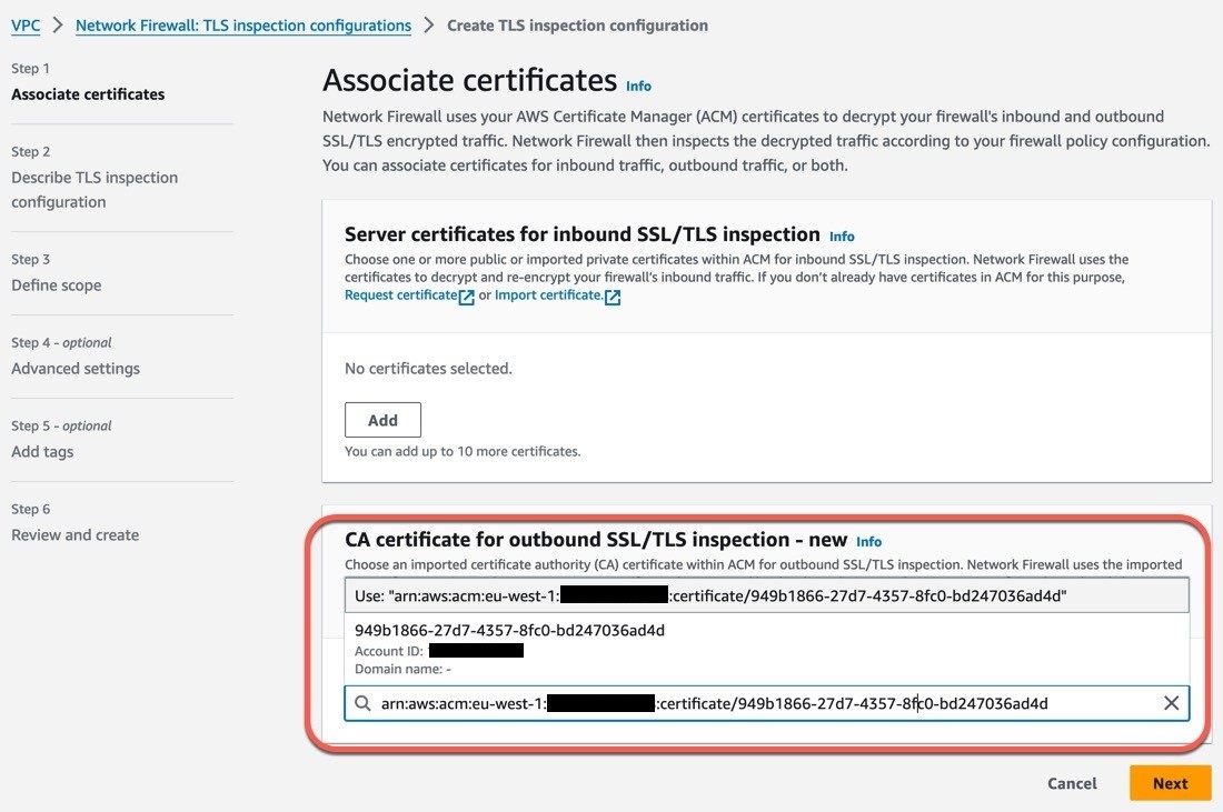 Figure 5: Select the certificate for use with outbound SSL/TLS inspection