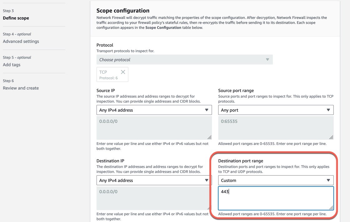 Figure 6: Specify a custom destination port in the TLS scope configuration