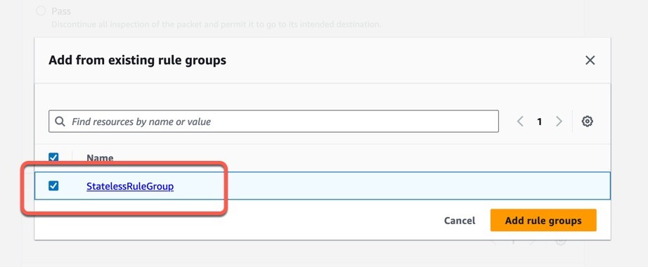 Figure 9: Select a stateless policy from an existing rule group