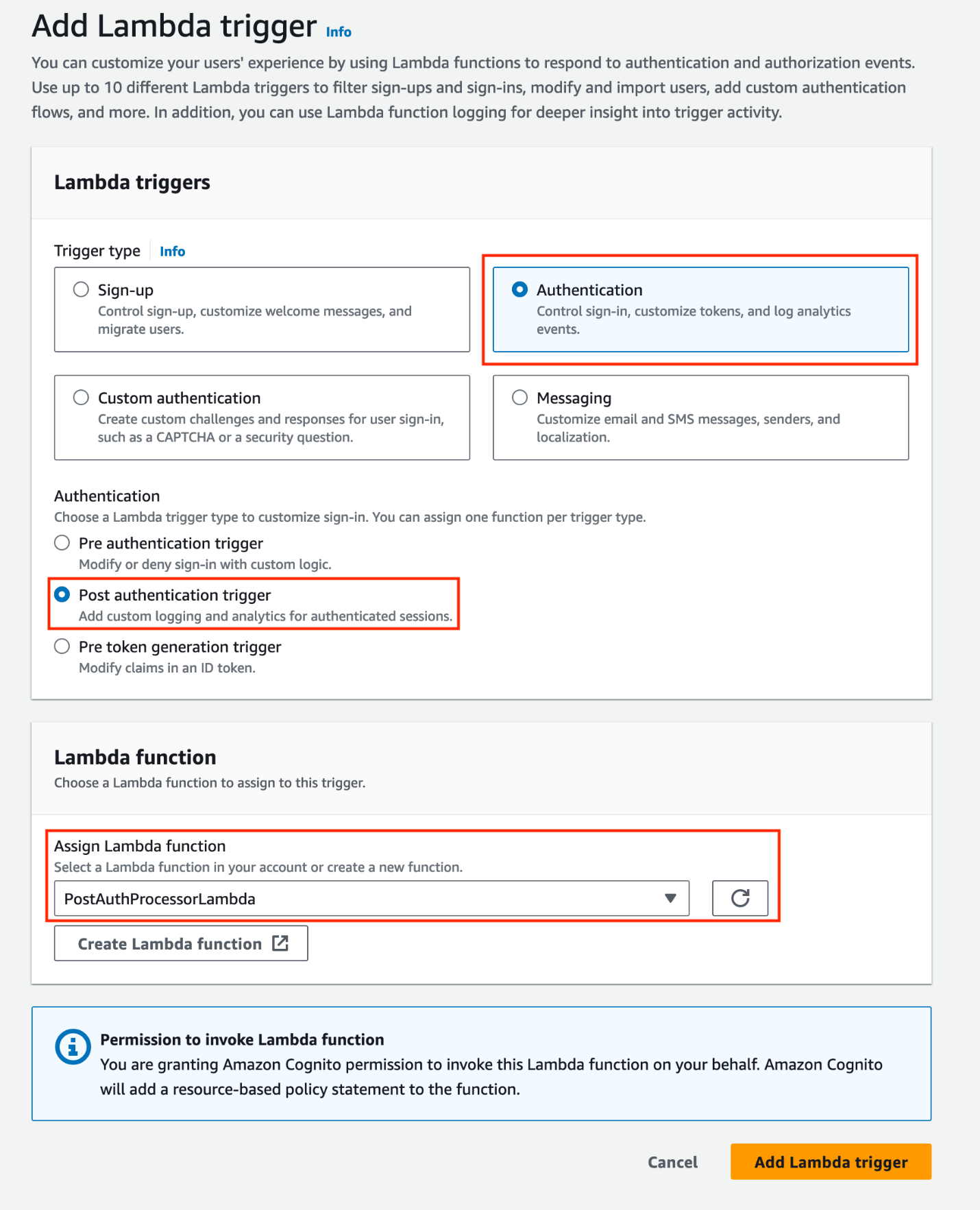 Figure 2: Add a post-authentication Lambda trigger and assign a Lambda function