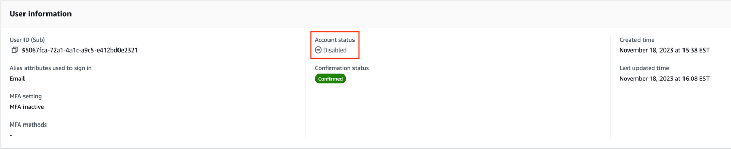 Figure 5: Screenshot of the user that signed in with their account status set to disabled