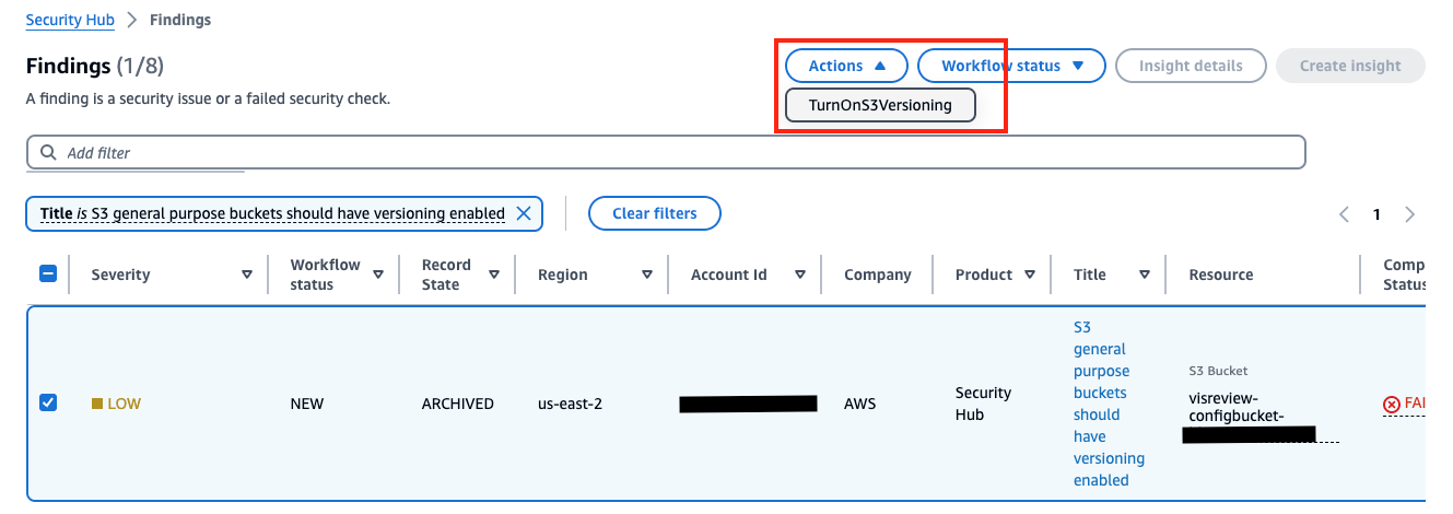 Figure 11: Choose the custom action that you created to start the remediation workflow