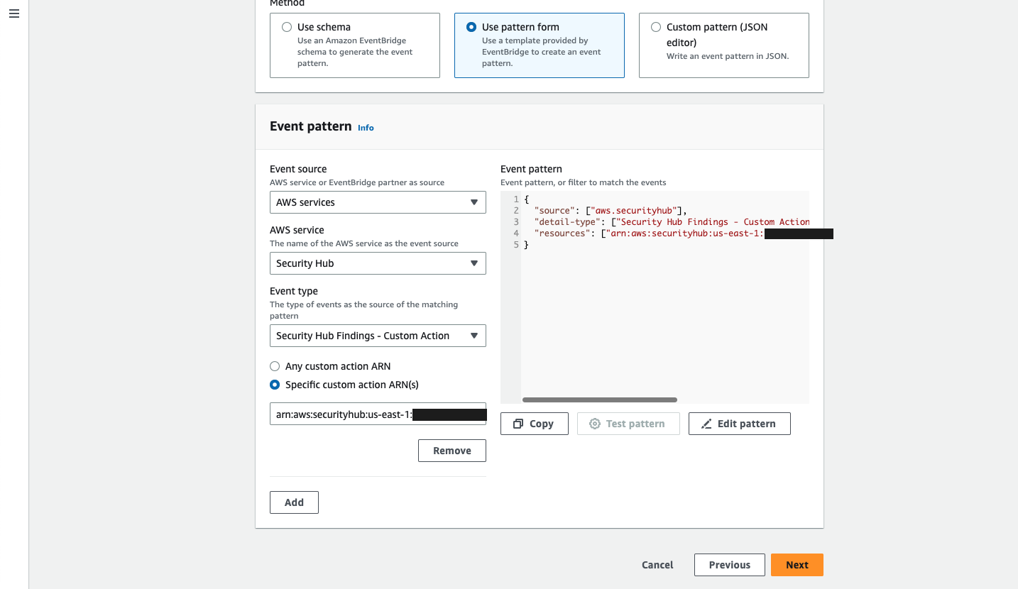 Figure 9: Specify the EventBridge event pattern for the Security Hub custom action workflow