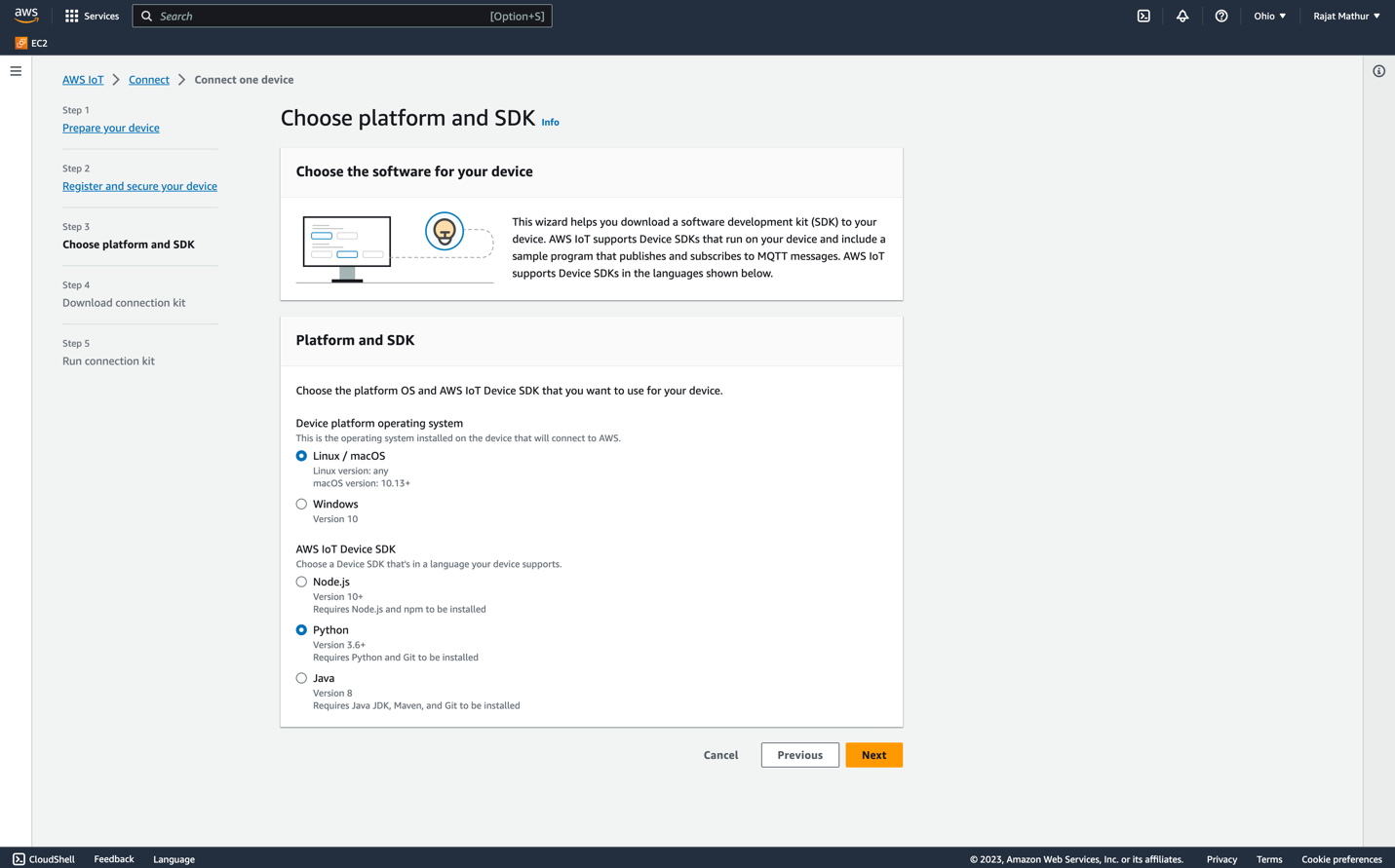 Figure 18: Choose the platform and SDK for the device