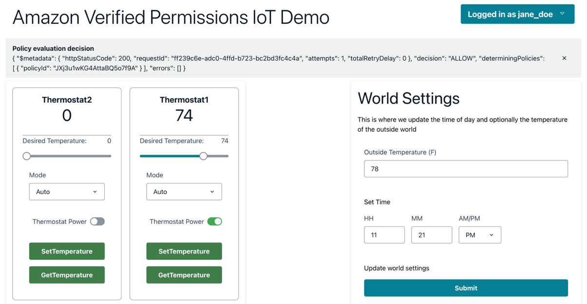 Figure 26: Guest user jane_doe receives an ALLOW when calling GetTemperature for the reported temperature