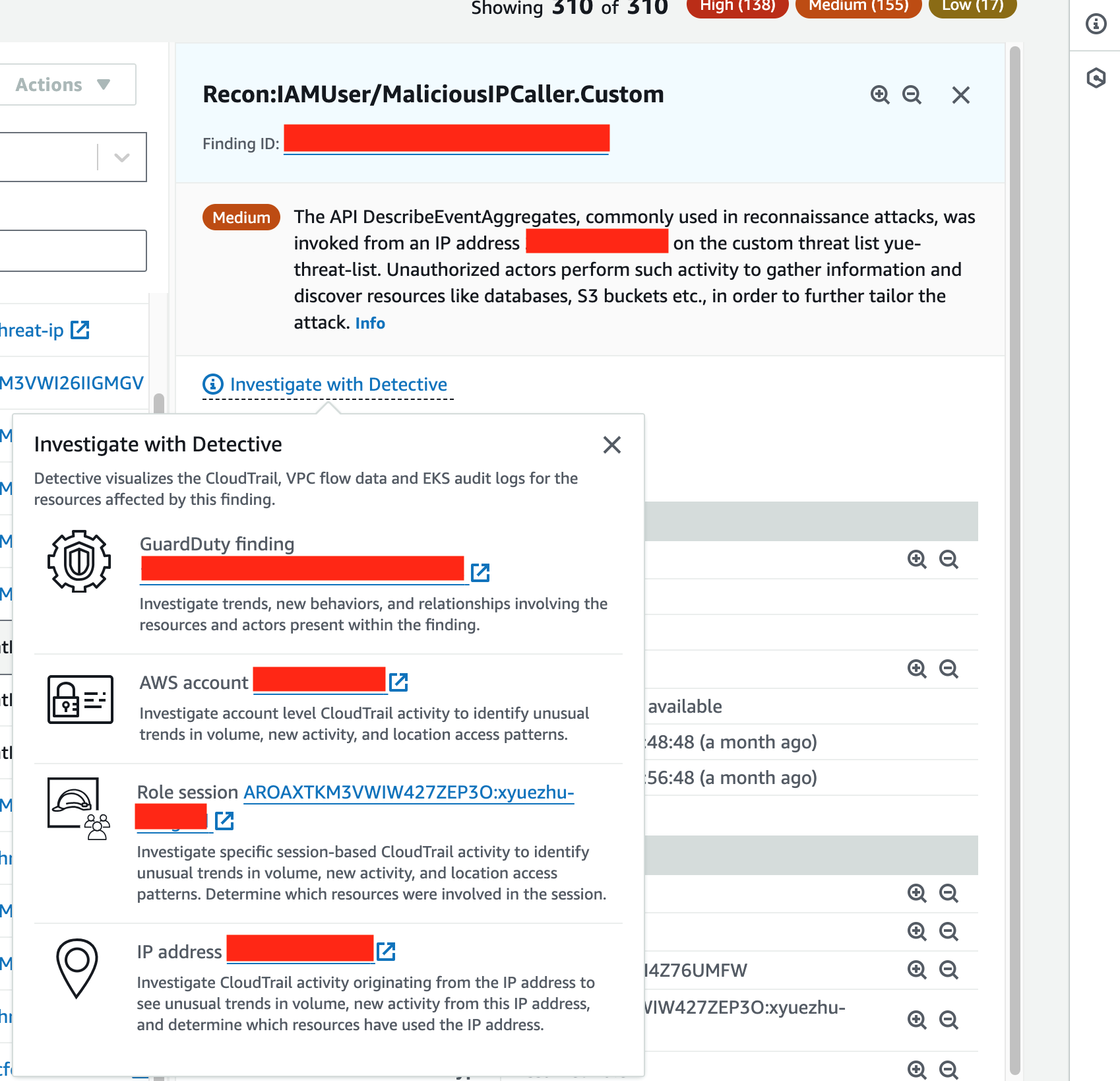 Figure 1: Example finding in the GuardDuty console, with Investigate with Detective pop-up window