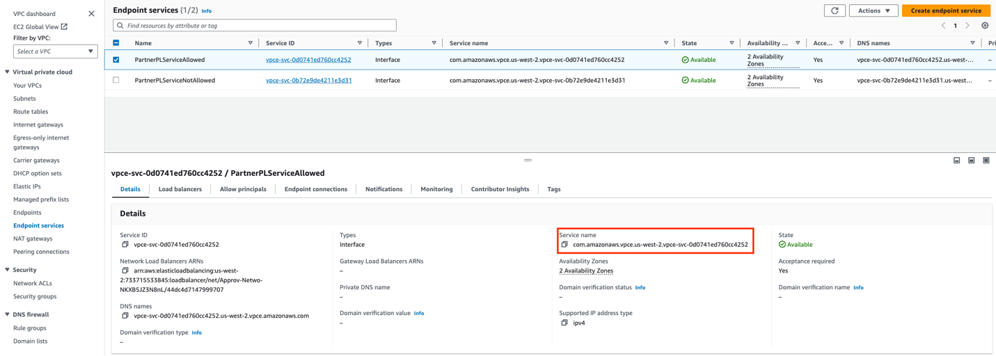 Figure 7: Simulated partner services (approved and not approved) in a separate test account