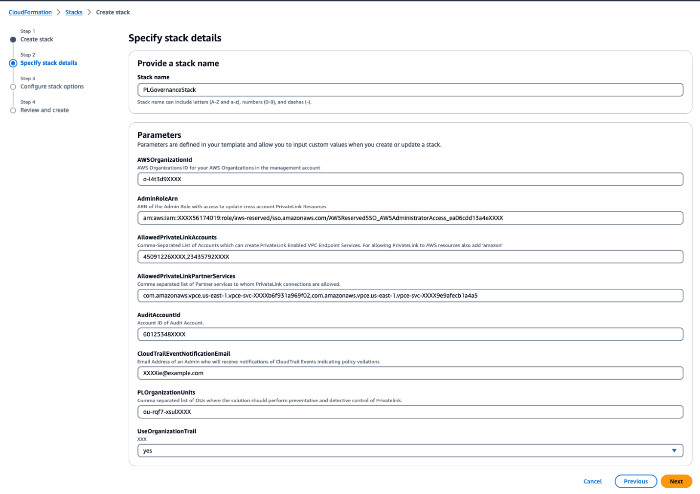 Figure 8: CloudFormation template input parameters for the solution as it appears on the console