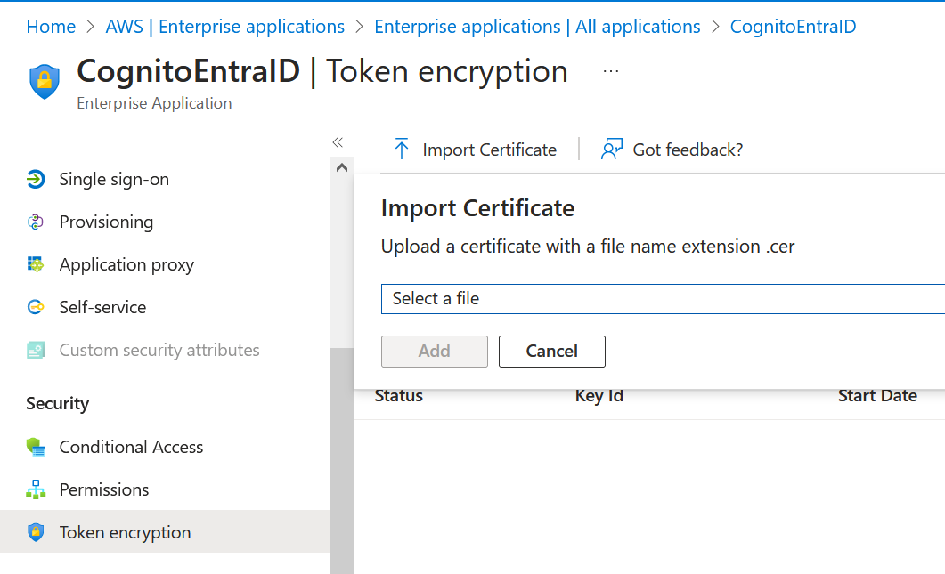 Figure 11: Import the Cognito encryption certificate to Entra ID