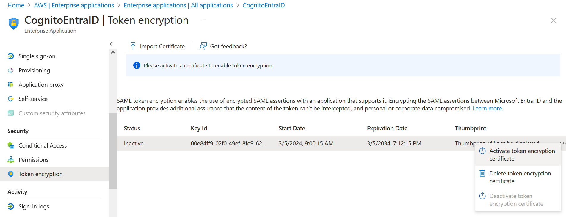 Figure 12: Activate the token encryption certificate in Entra ID