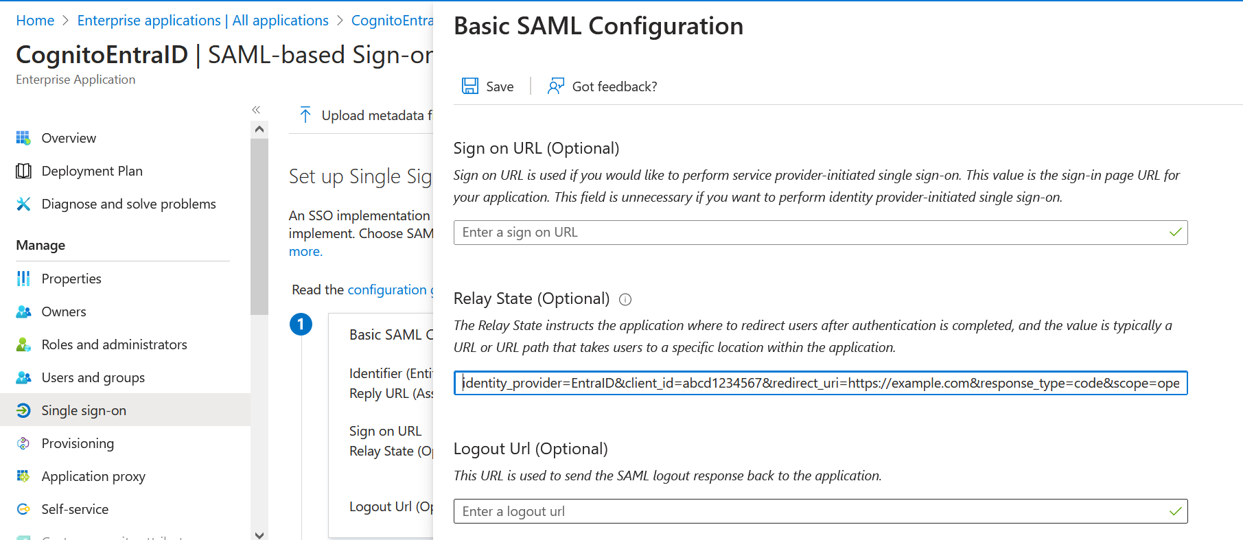 Figure 13: Set RelayState in Entra ID single sign-on