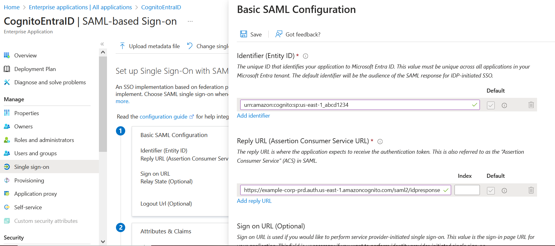 Figure 6: Add the identifier (entity ID) and reply URL