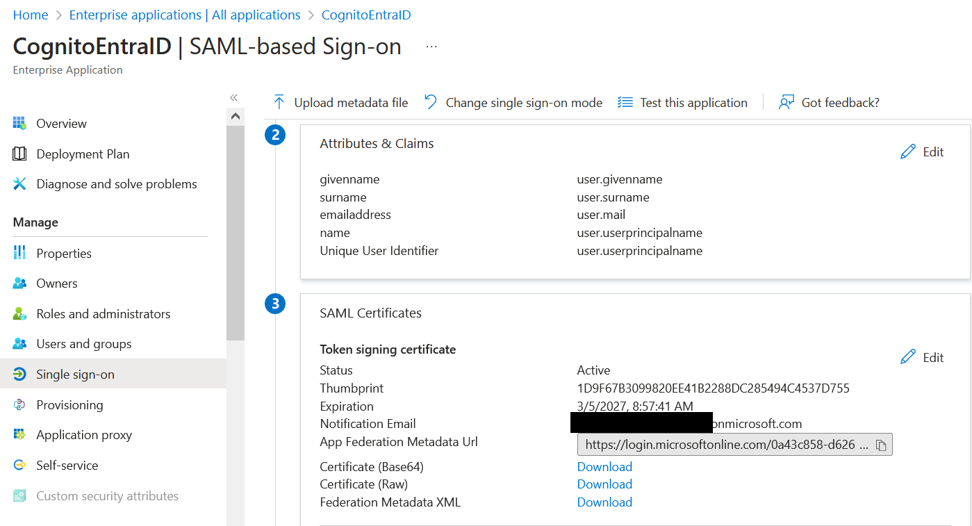 Figure 8: Copy SAML metadata URL from Entra ID