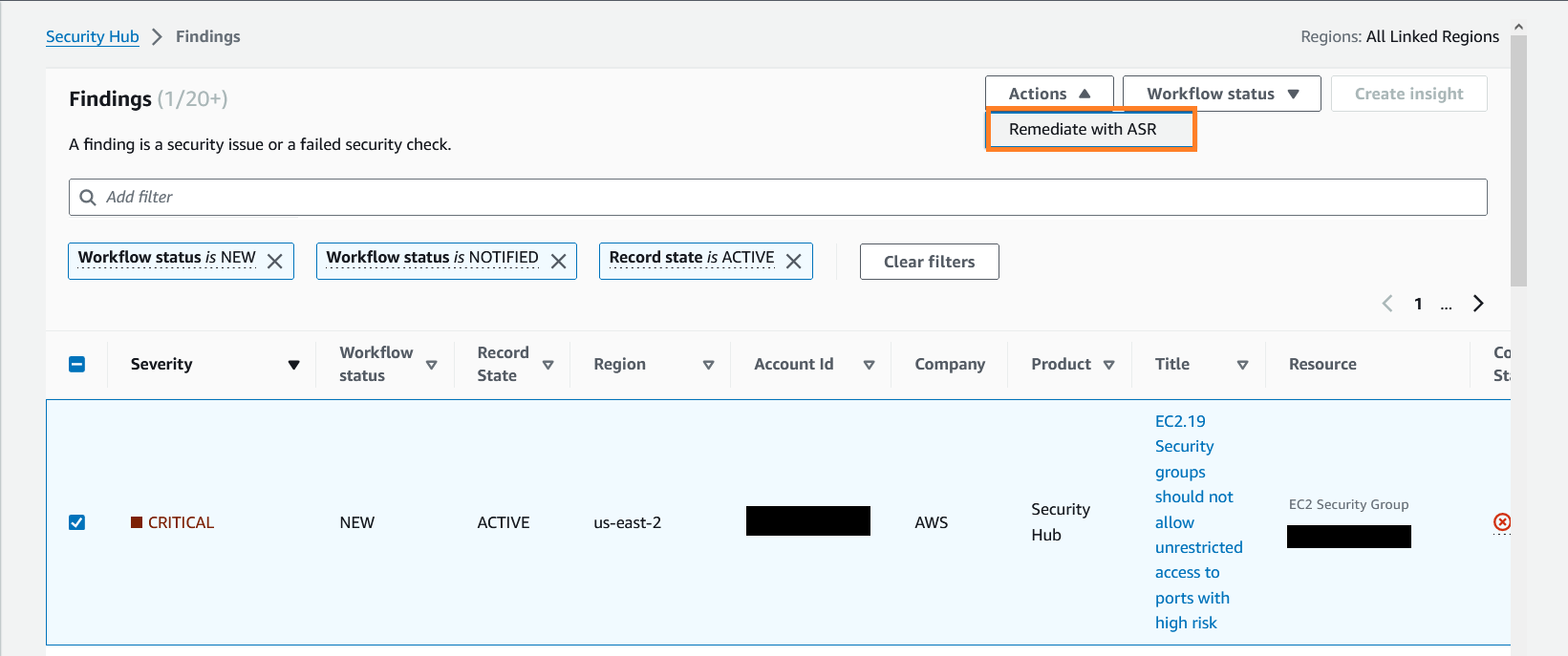 Figure 6: ASR Security Hub custom action