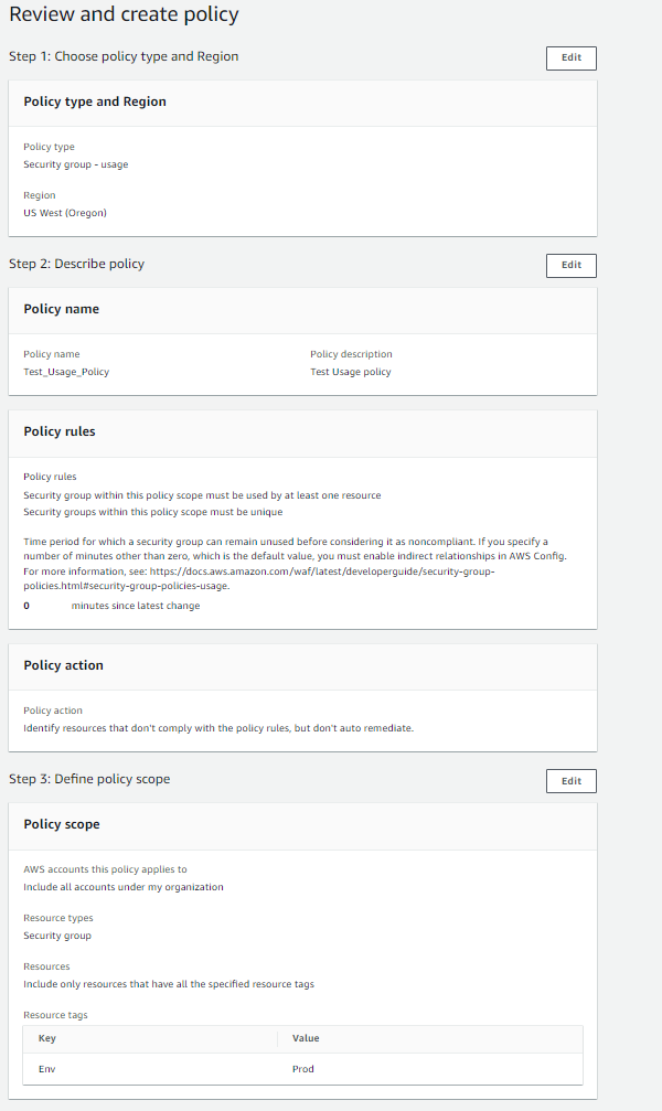 Figure 4: Summary of Usage Security Group policy