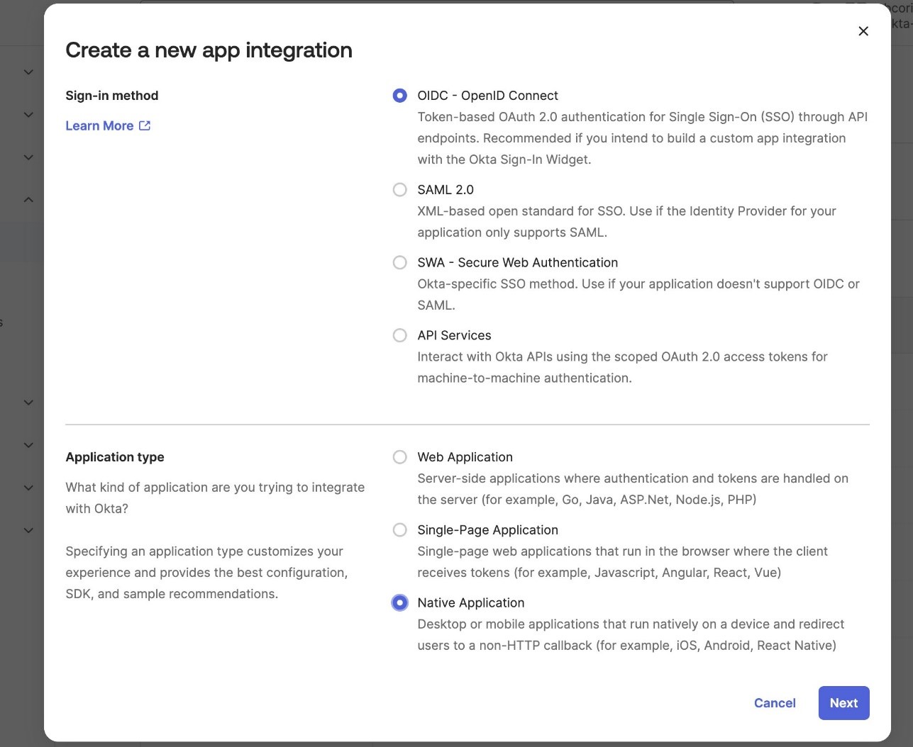 Figure 3: Okta screen to create a new application