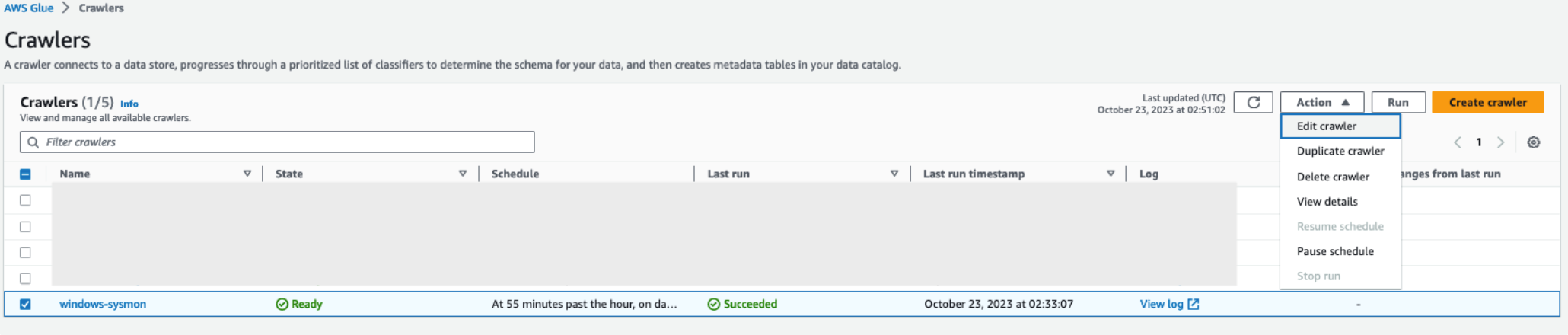 Figure 2: Select and edit an AWS Glue crawler