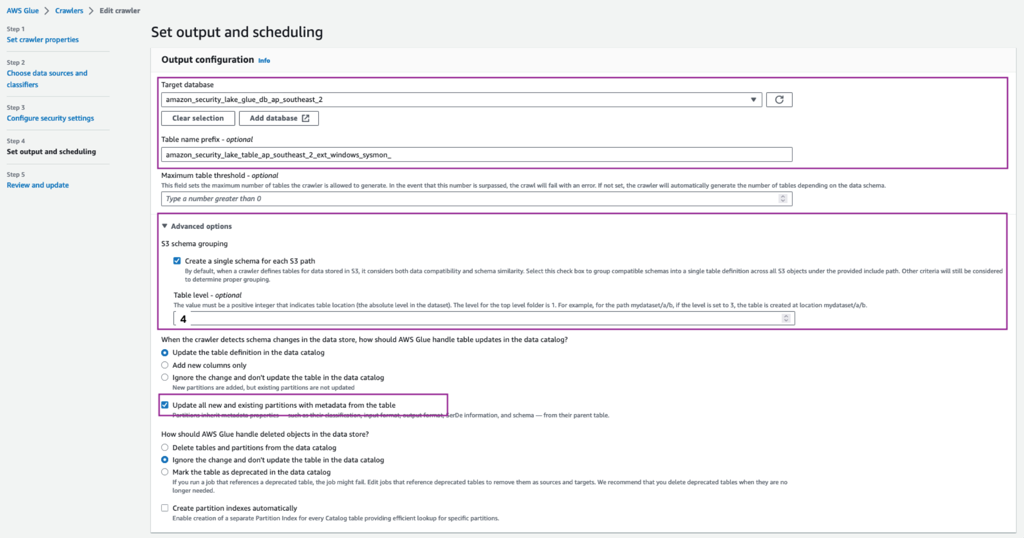 Figure 3: Set AWS Glue crawler output and scheduling