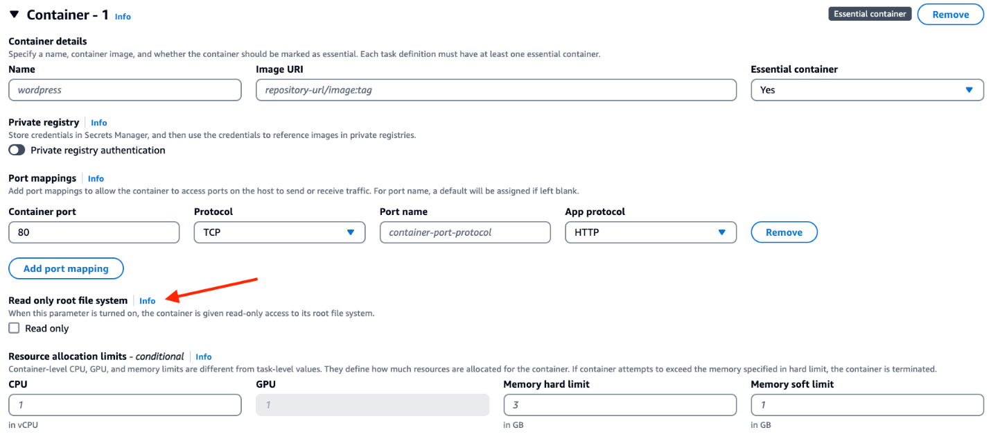 Figure 3: Using the ECS console to set readonlyRootFilesystem to true