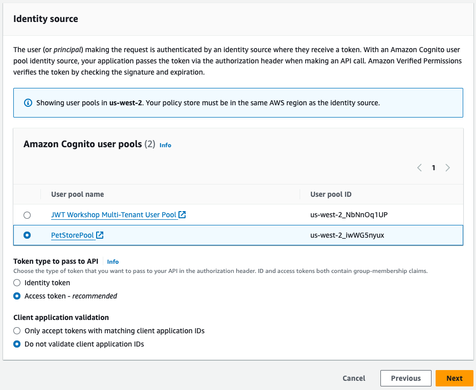 Figure 5: Choose Cognito user pool PetStorePool as identity source