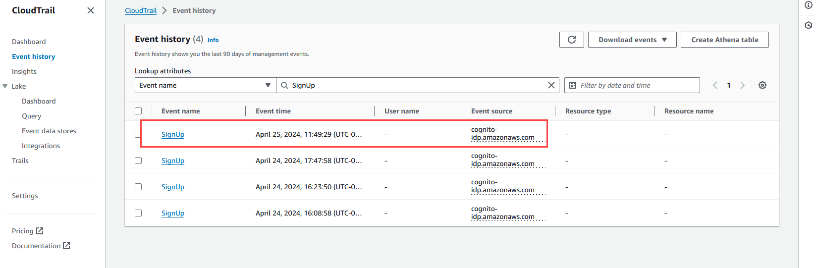 Figure 2: SignUp API logged in CloudTrail event history