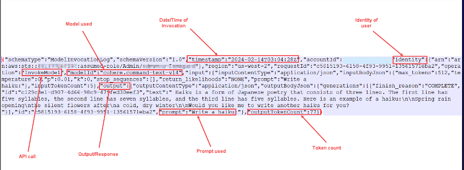 Figure 2: sample model invocation log including prompt and response