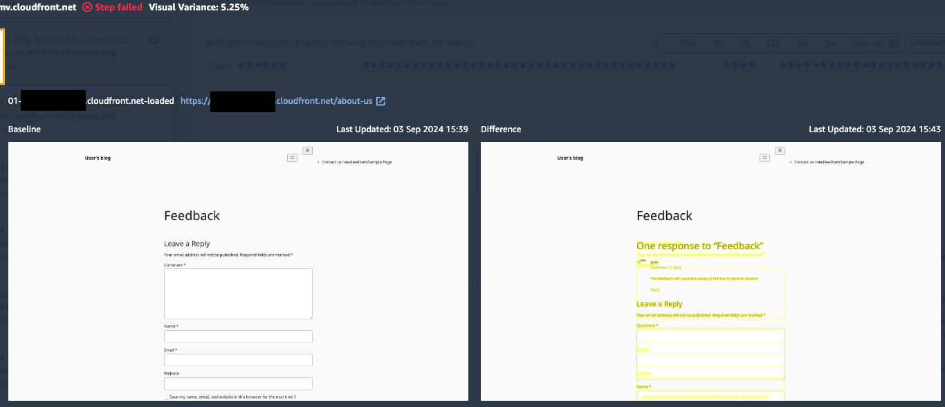 Figure 4: Dynamic content in Feedback form that triggered canary failure