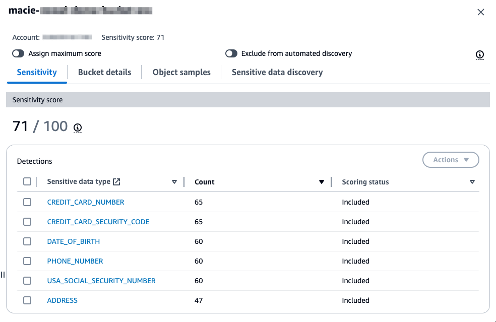 Figure 4: S3 bucket sensitivity information in Macie