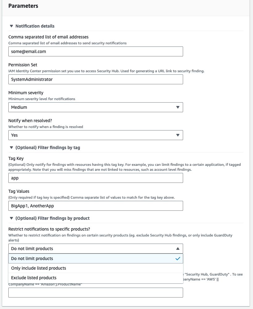 Figure 3: Service Catalog security notifications product parameters