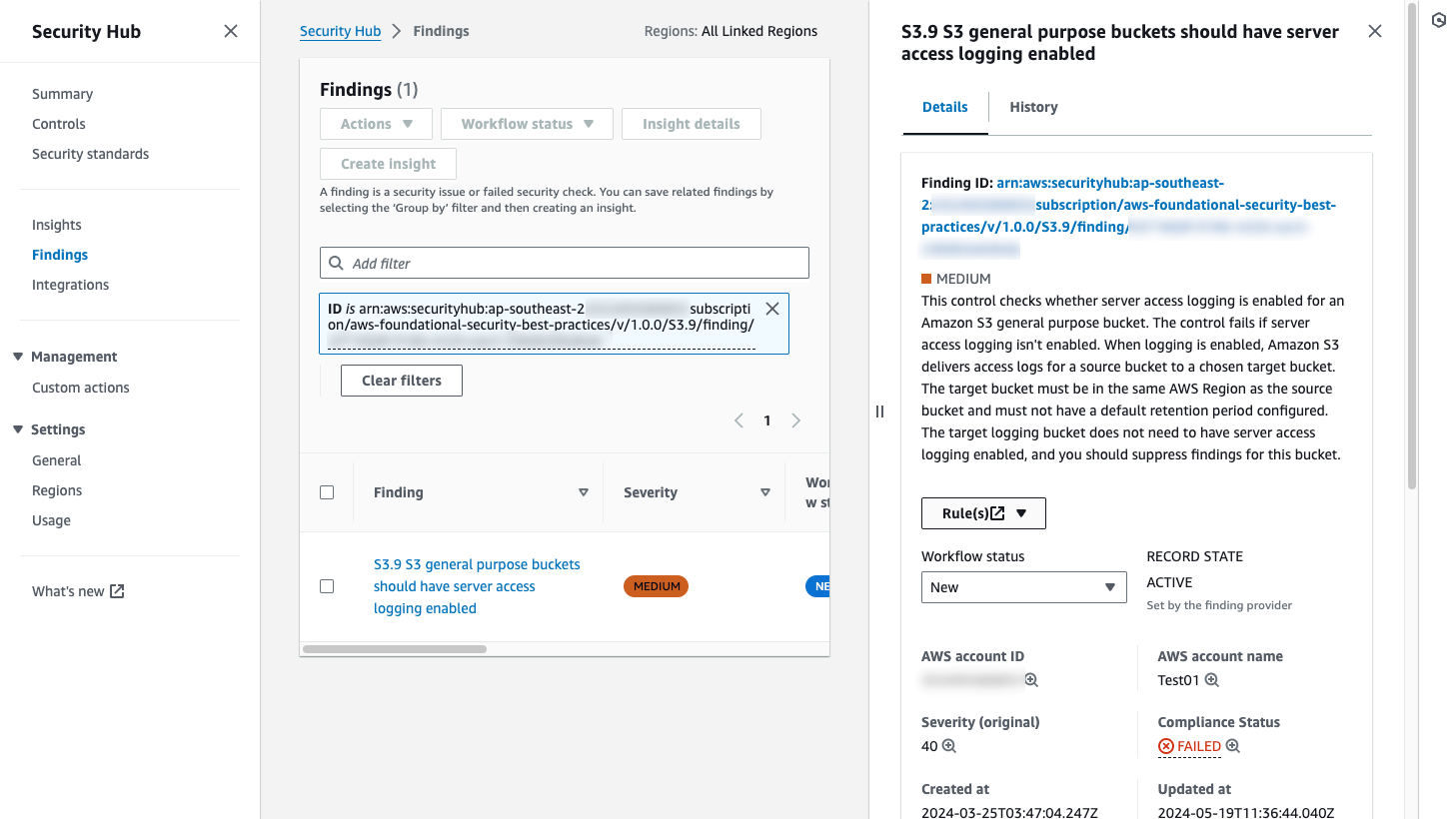 Figure 5: Security Hub finding detail page, linked from the notification email