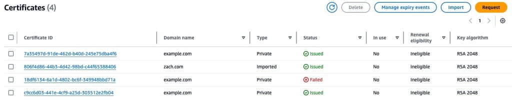 Figure 1: Viewing certificates in AWS Certificate Manager