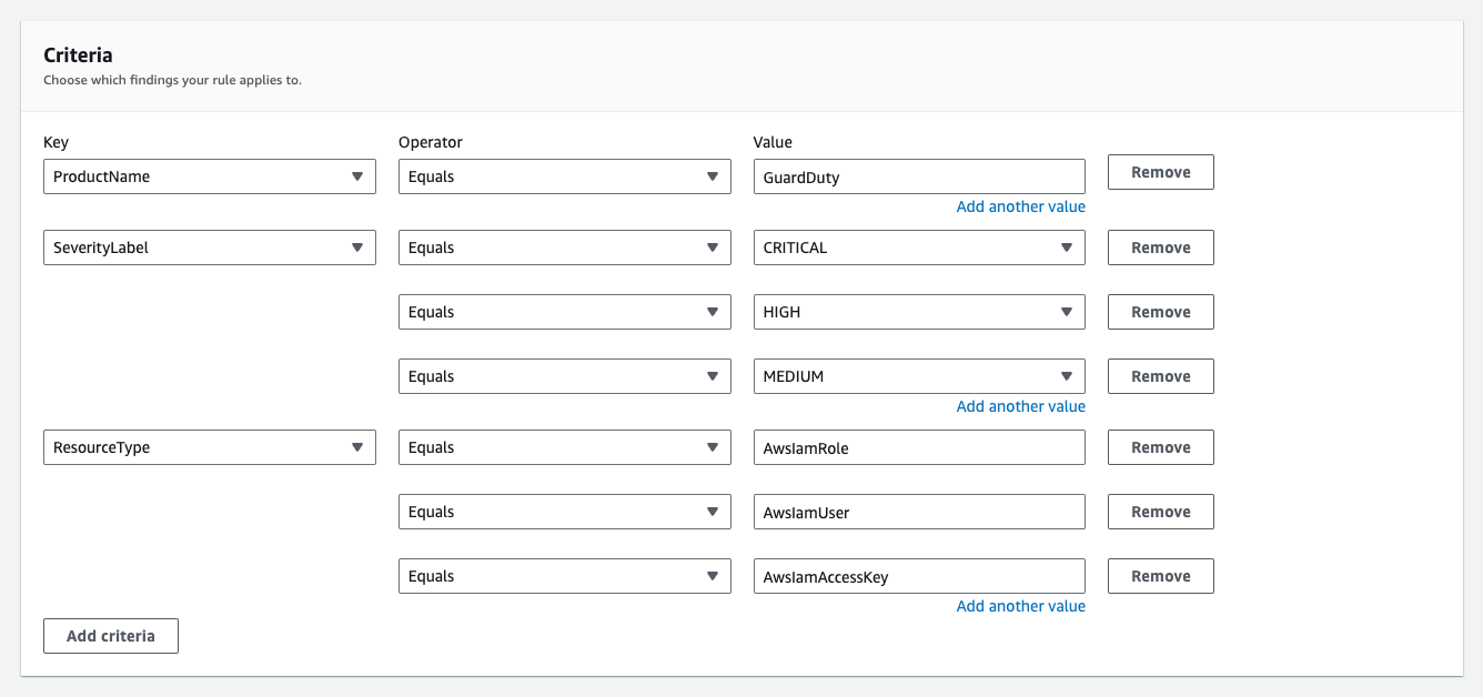 Figure 2: Example criteria for automation rule in Security Hub