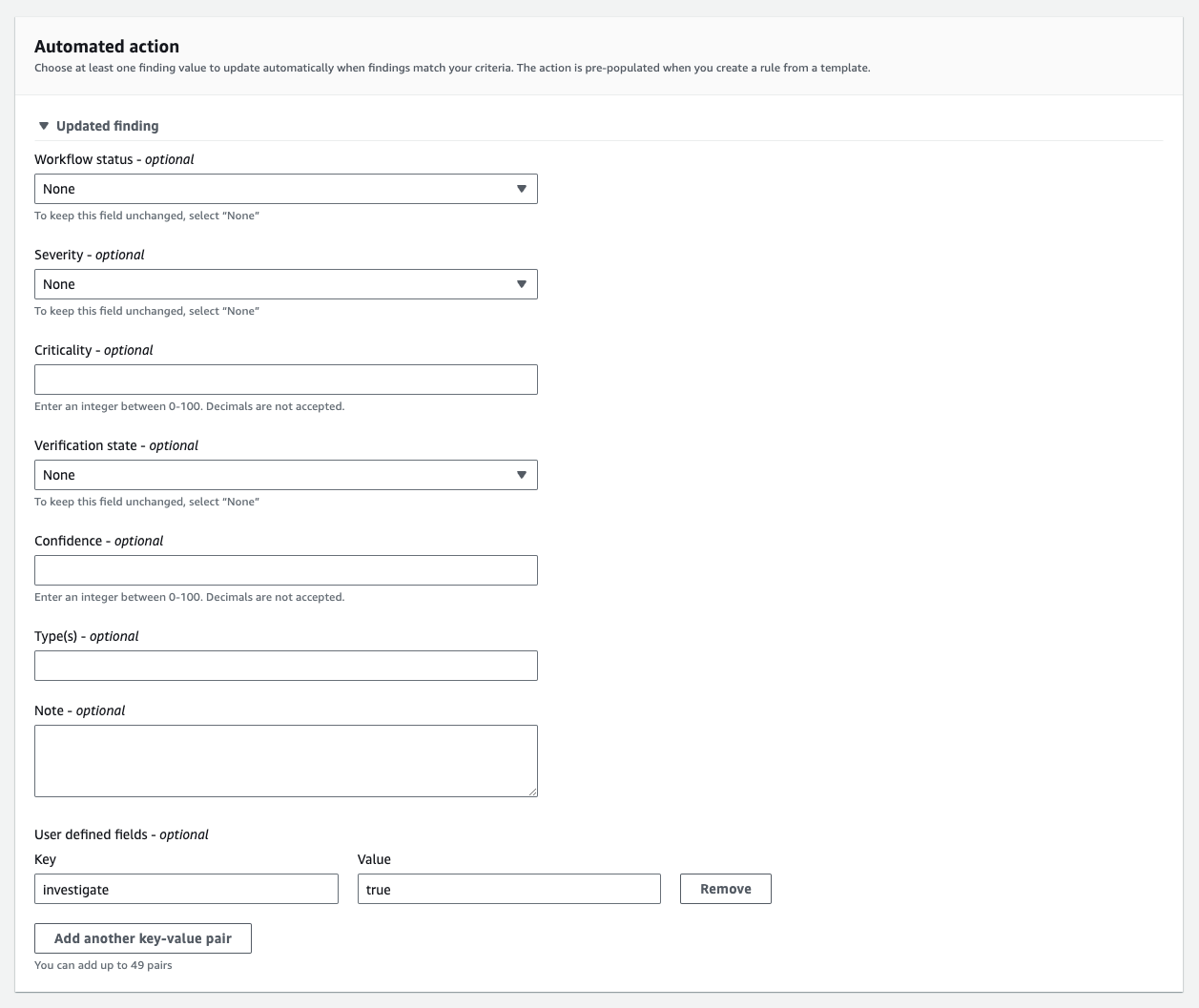 Figure 3: Define the user-defined field for the automation rule in Security Hub